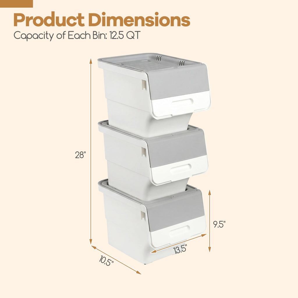3 Pieces Storage Bins on Wheels Stackable Plastic Boxes with Stay-Open Lid (S)