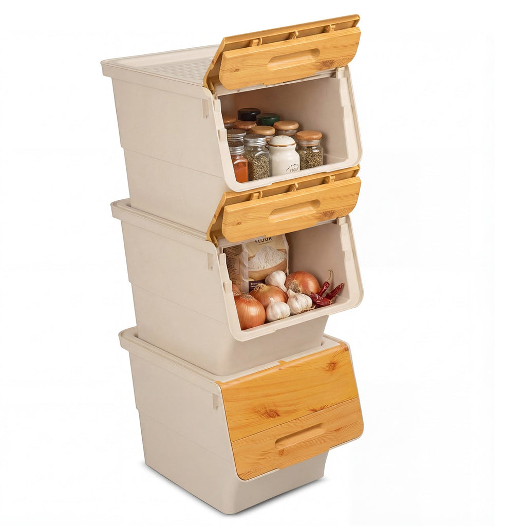 3 Pieces Storage Bins on Wheels Stackable Plastic Boxes with Stay-Open Lid (S)