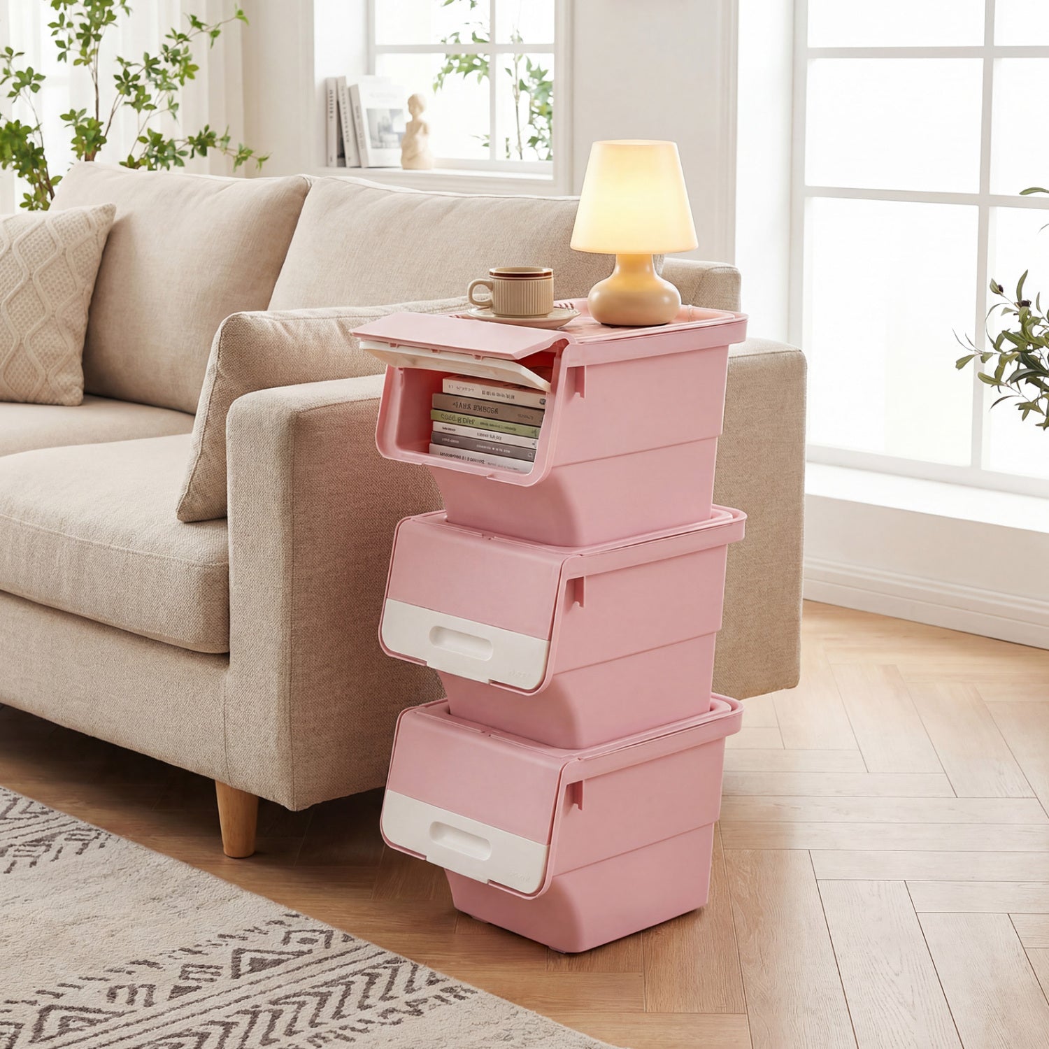 3 Pieces Storage Bins on Wheels Stackable Plastic Boxes with Stay-Open Lid (S)