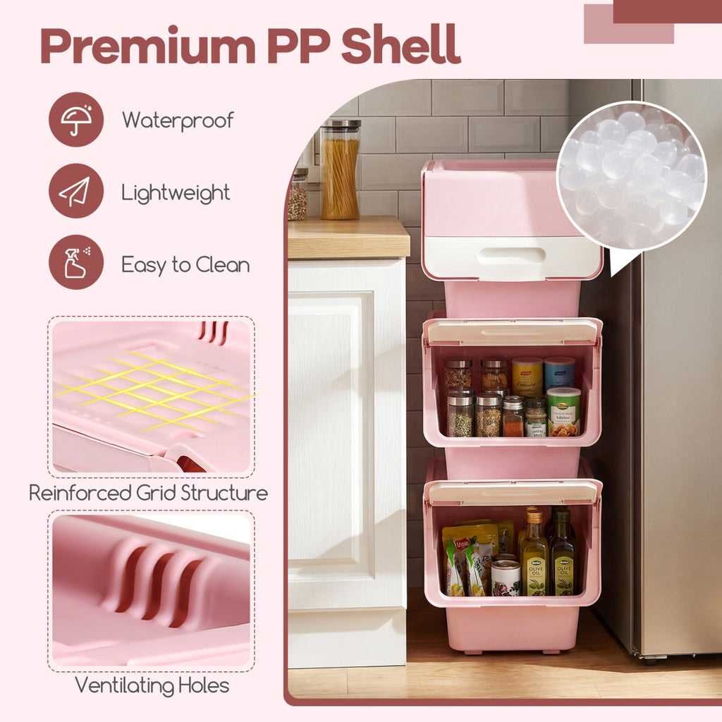 3 Pieces Storage Bins on Wheels Stackable Plastic Boxes with Stay-Open Lid (S)