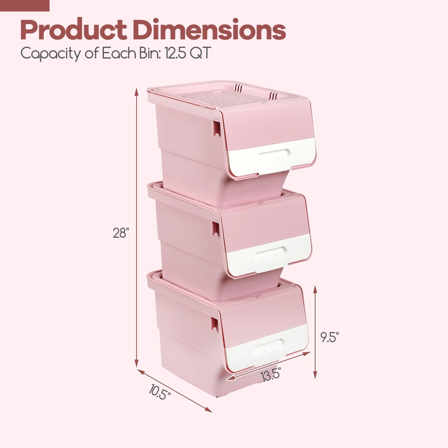 3 Pieces Storage Bins on Wheels Stackable Plastic Boxes with Stay-Open Lid (S)
