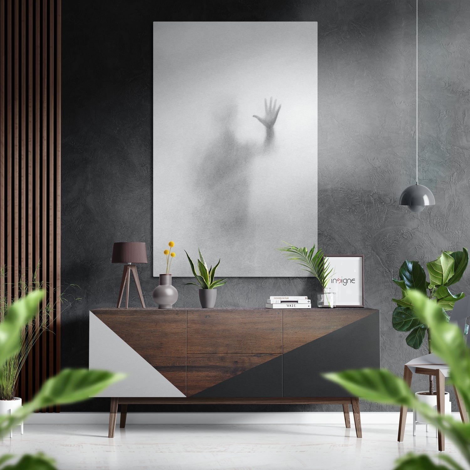 Silhouette Palm Pressed on Foggy Glass Brushed Aluminium Dibond Wall Art