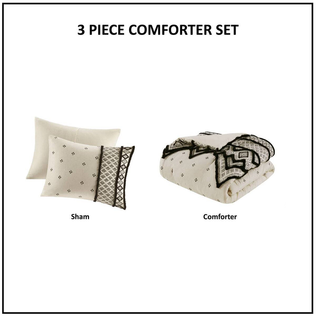3 Piece Cotton and Flax Linen Blend Comforter Set Natural Full/Queen