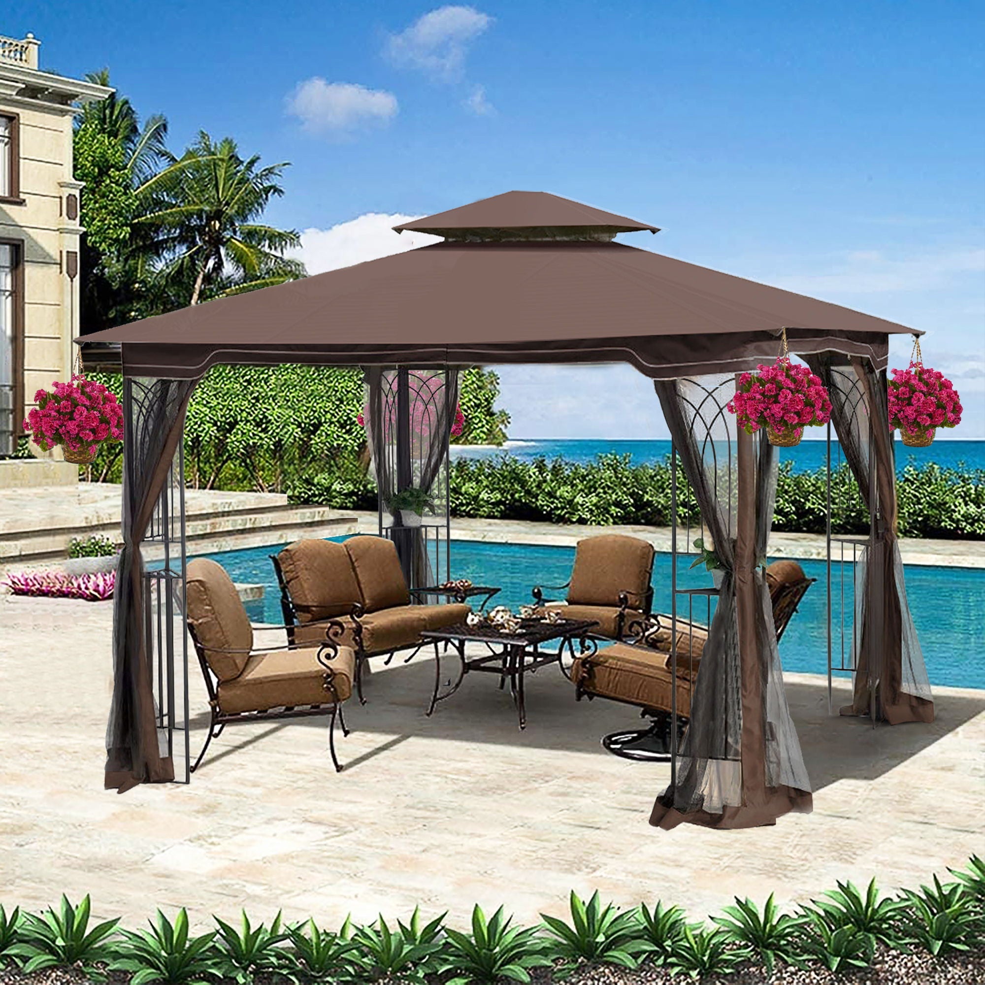 Patio Gazebo Tent With Ventilated Double Roof And Mosquito Net