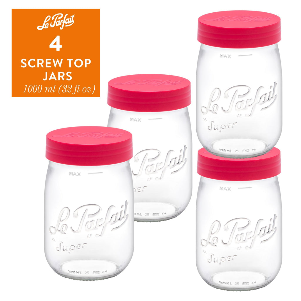 Le Parfait Screw Top Jars, French Glass Storage Jars with Colorful Airtight Screw Lids