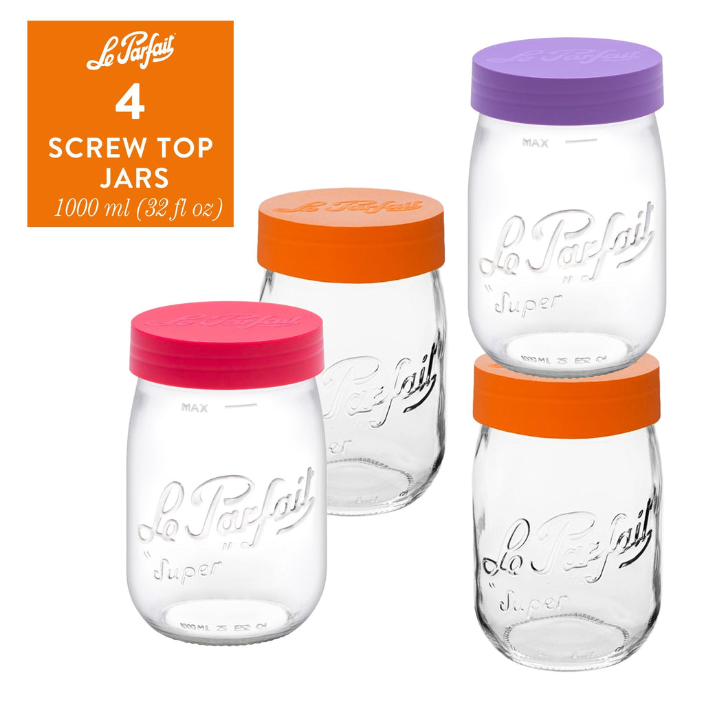 Le Parfait Screw Top Jars, French Glass Storage Jars with Colorful Airtight Screw Lids