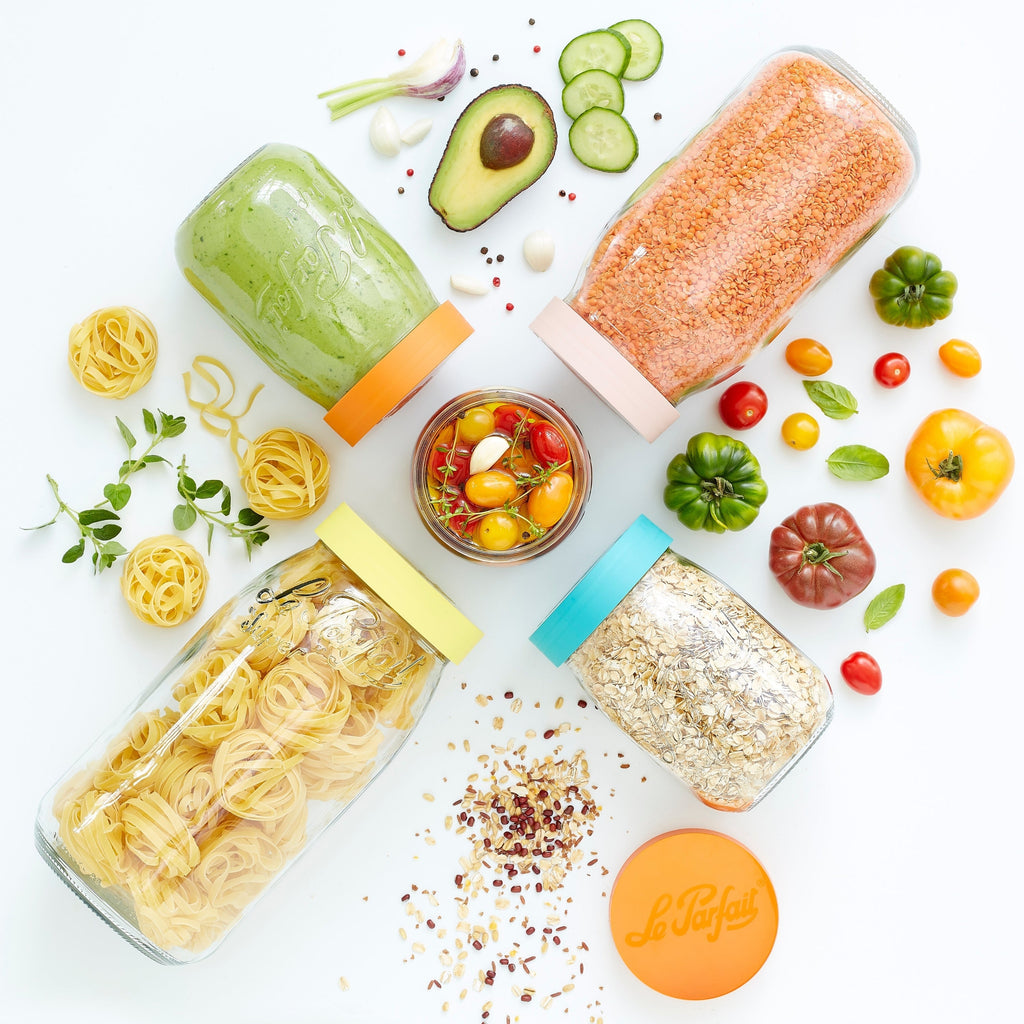 Le Parfait Screw Top Jars, French Glass Storage Jars with Colorful Airtight Screw Lids
