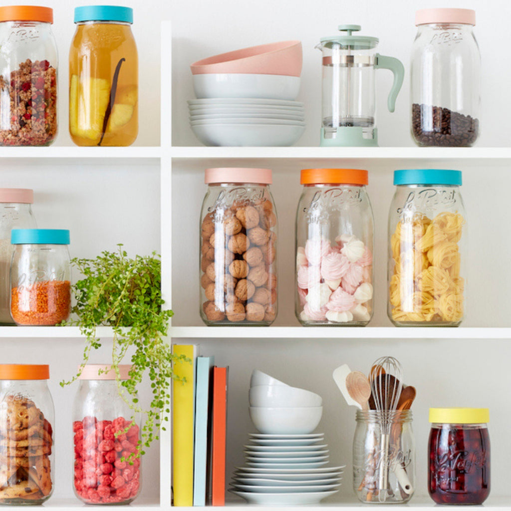 Le Parfait Screw Top Jars, French Glass Storage Jars with Colorful Airtight Screw Lids