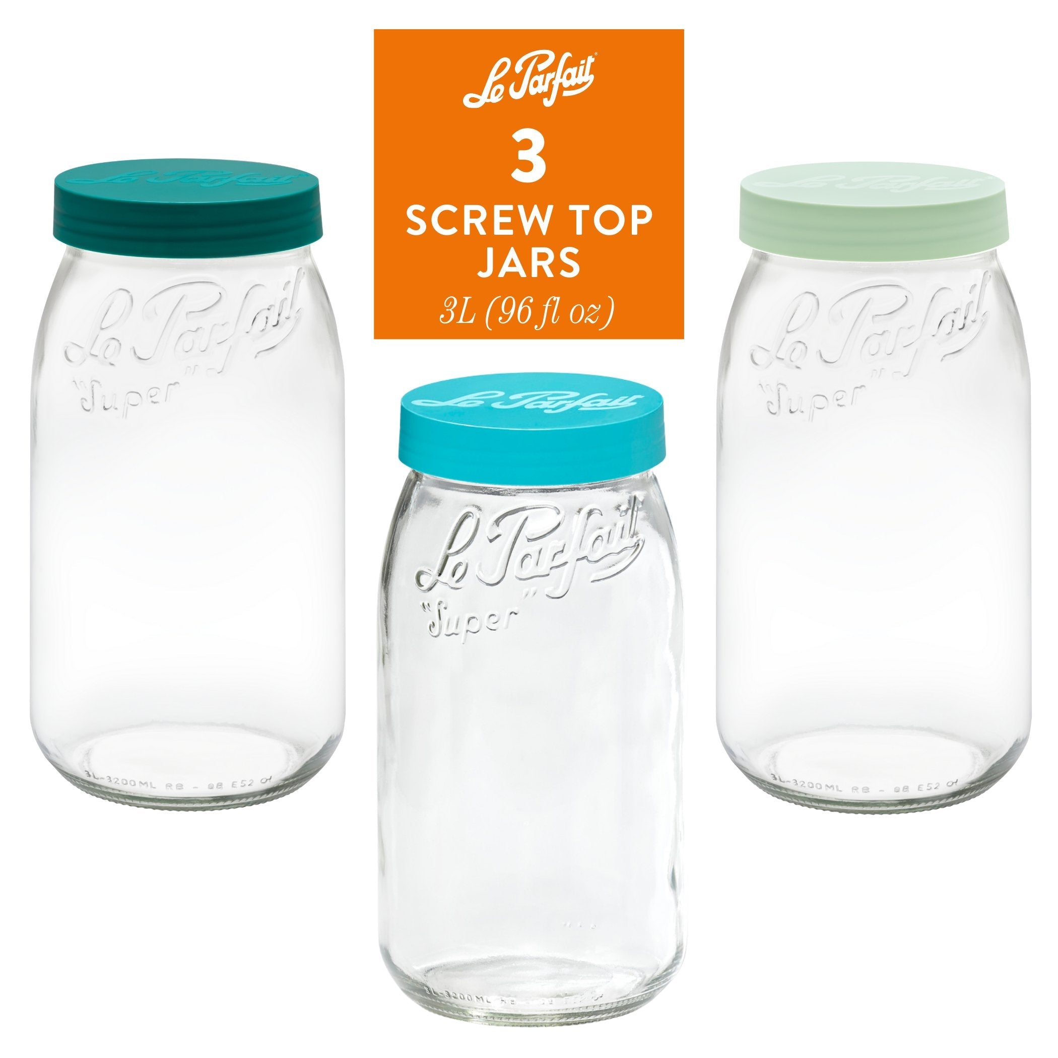 Le Parfait Screw Top Jars, French Glass Storage Jars with Colorful Airtight Screw Lids