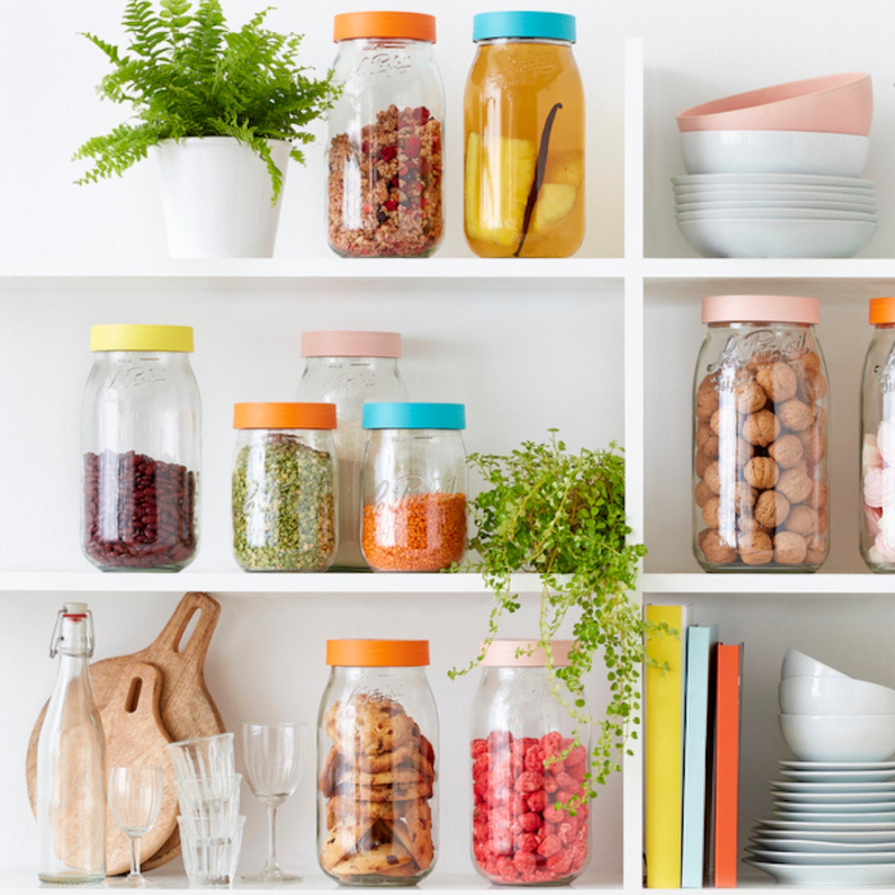 Le Parfait Screw Top Jars, French Glass Storage Jars with Colorful Airtight Screw Lids