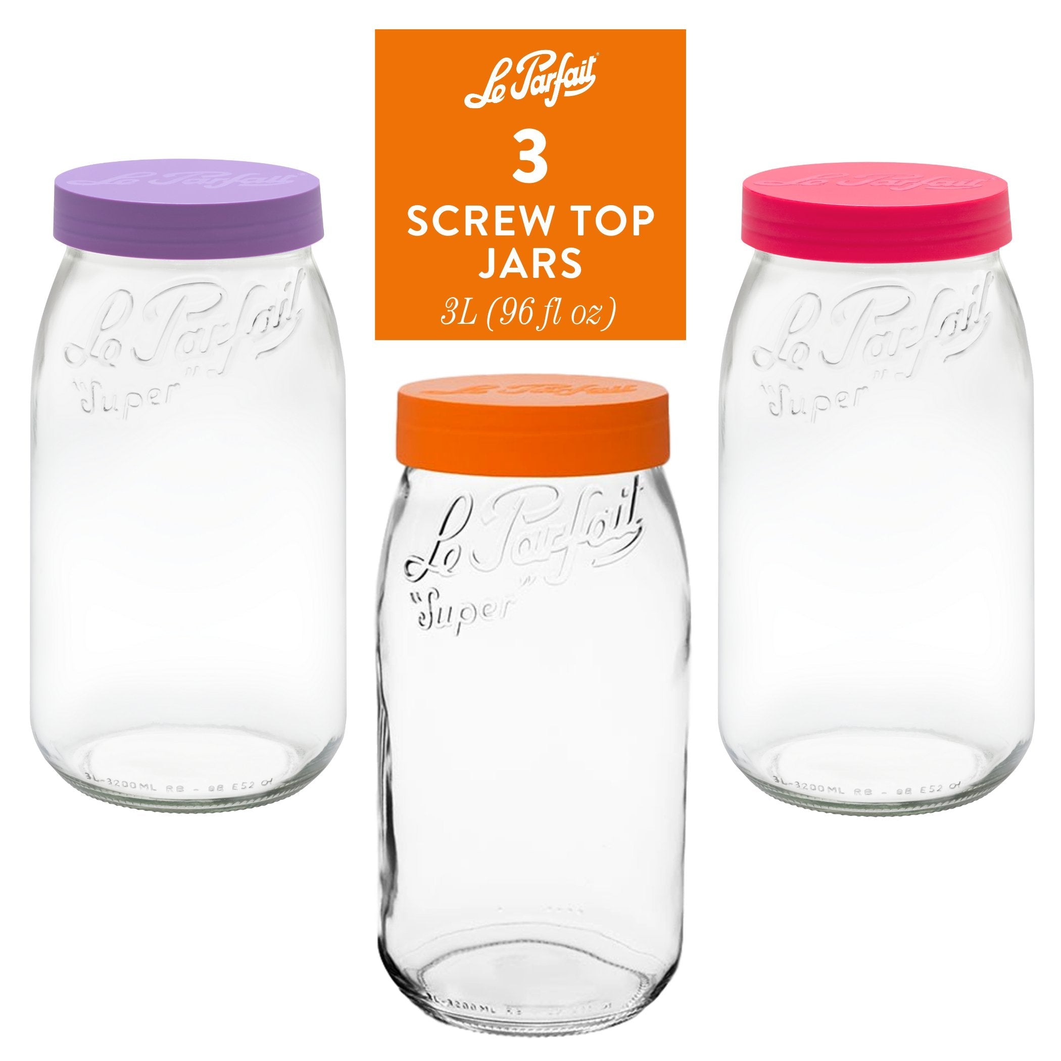 Le Parfait Screw Top Jars, French Glass Storage Jars with Colorful Airtight Screw Lids