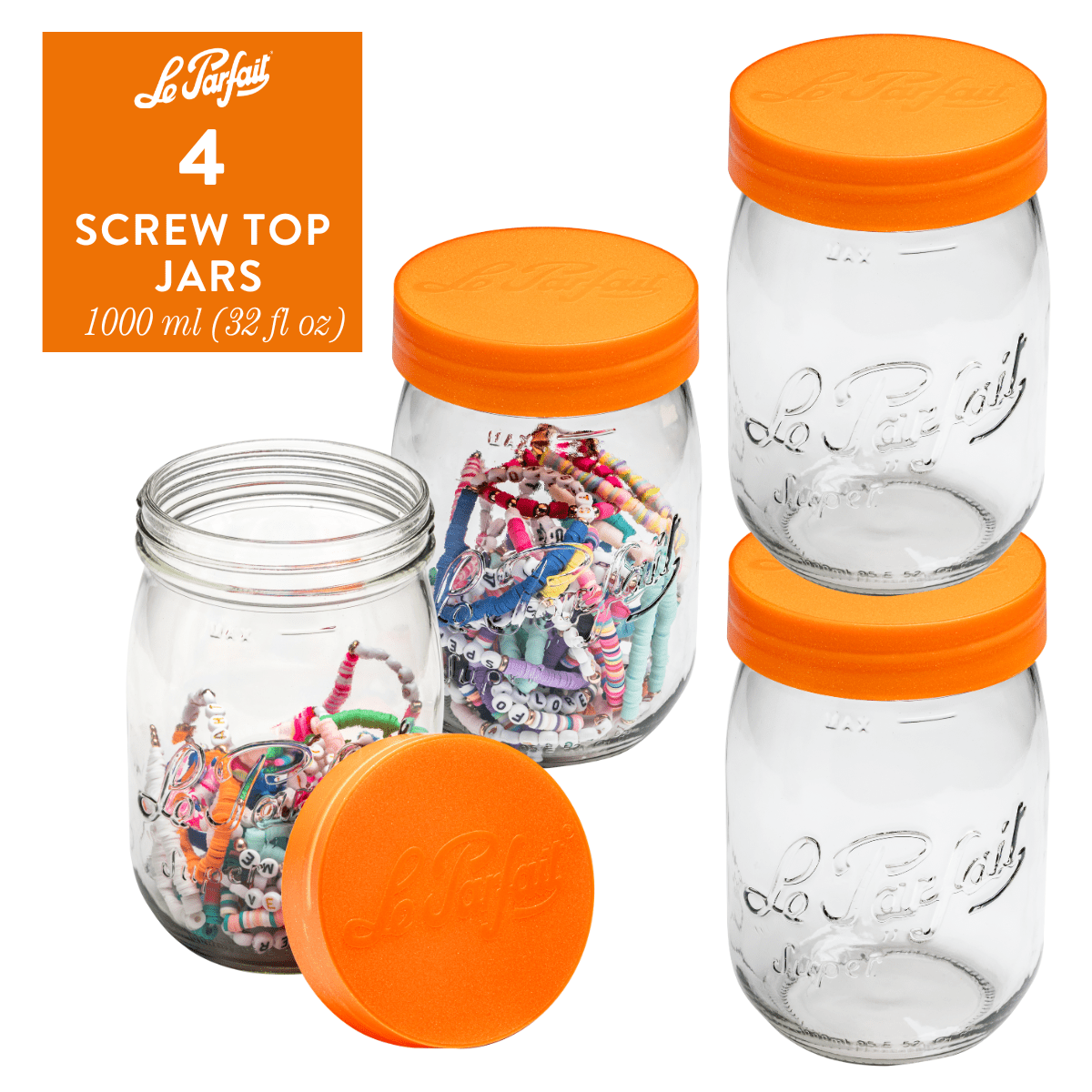 Le Parfait Screw Top Jars, French Glass Storage Jars with Colorful Airtight Screw Lids