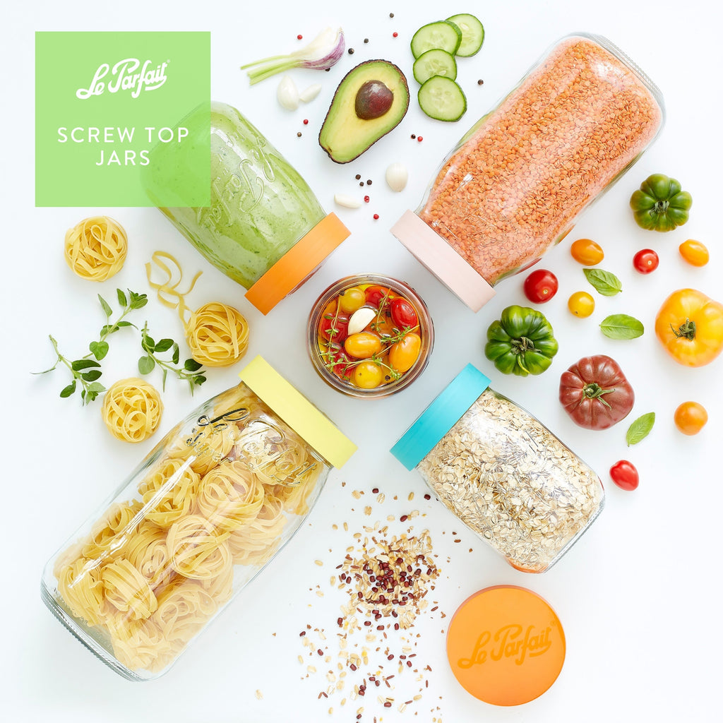 Le Parfait Screw Top Jars, French Glass Storage Jars with Colorful Airtight Screw Lids