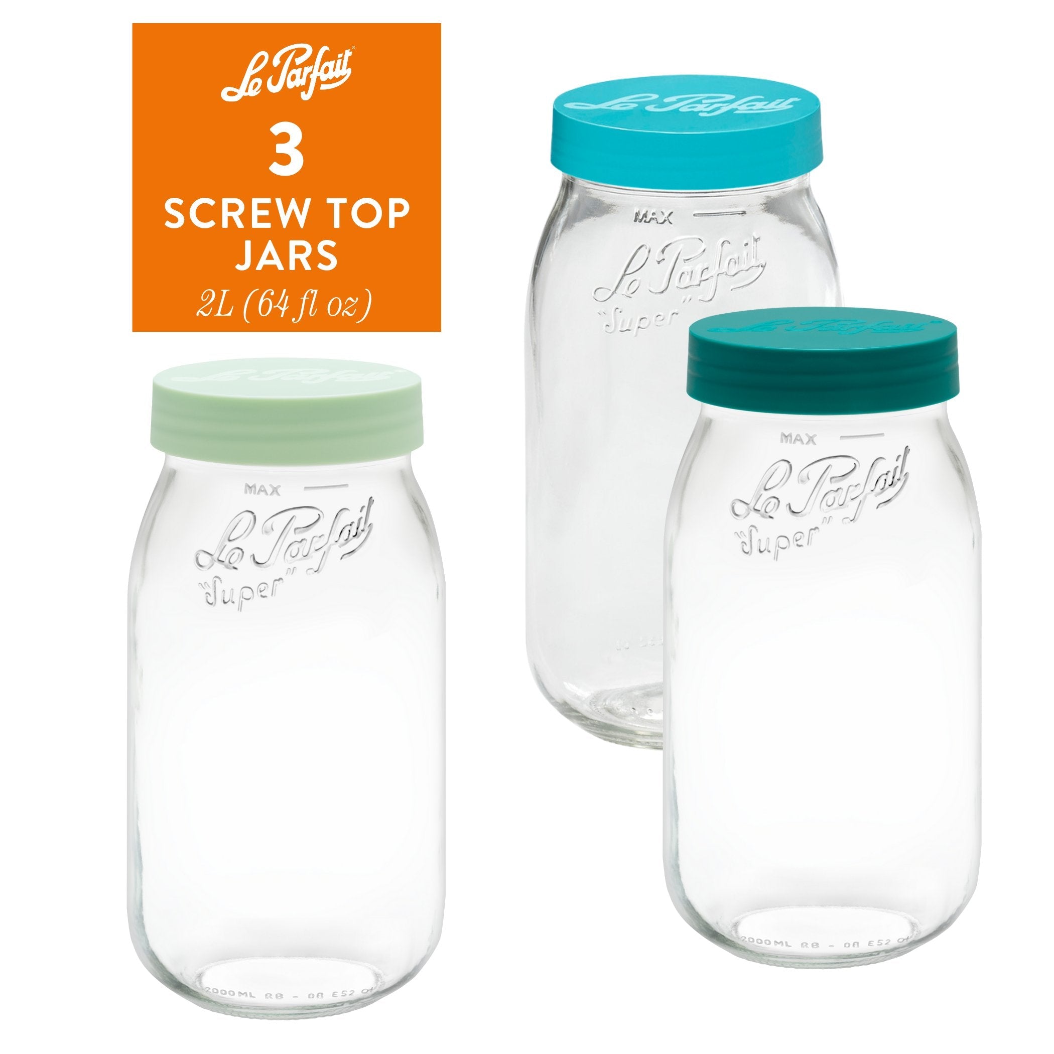 Le Parfait Screw Top Jars, French Glass Storage Jars with Colorful Airtight Screw Lids