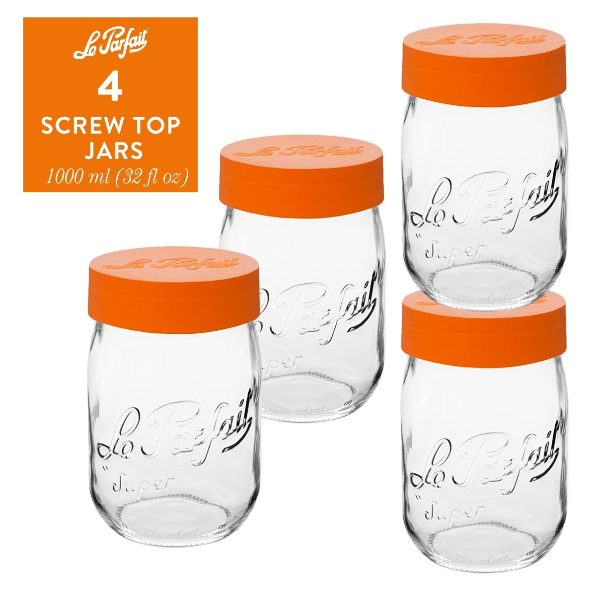 Le Parfait Screw Top Jars, French Glass Storage Jars with Colorful Airtight Screw Lids