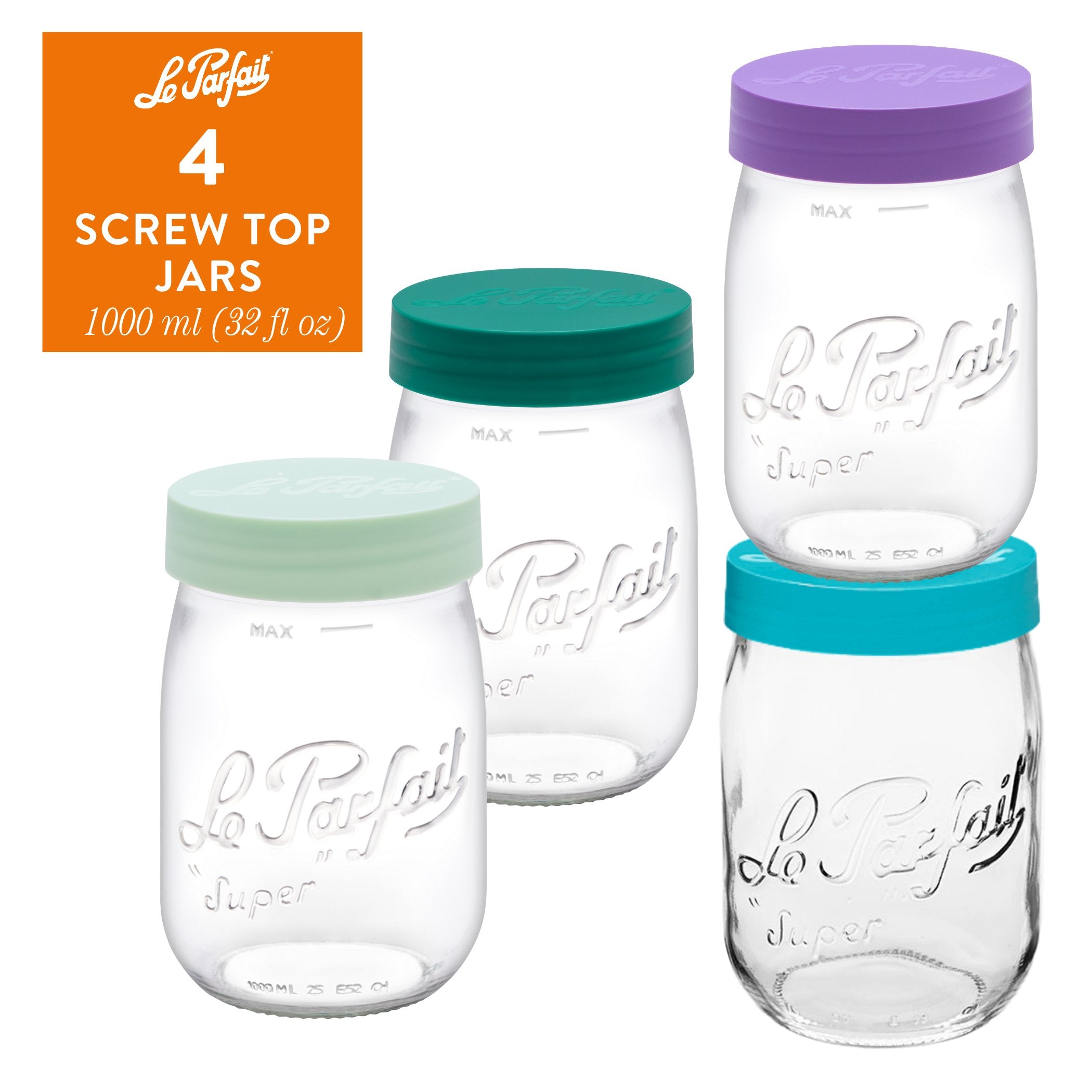 Le Parfait Screw Top Jars, French Glass Storage Jars with Colorful Airtight Screw Lids