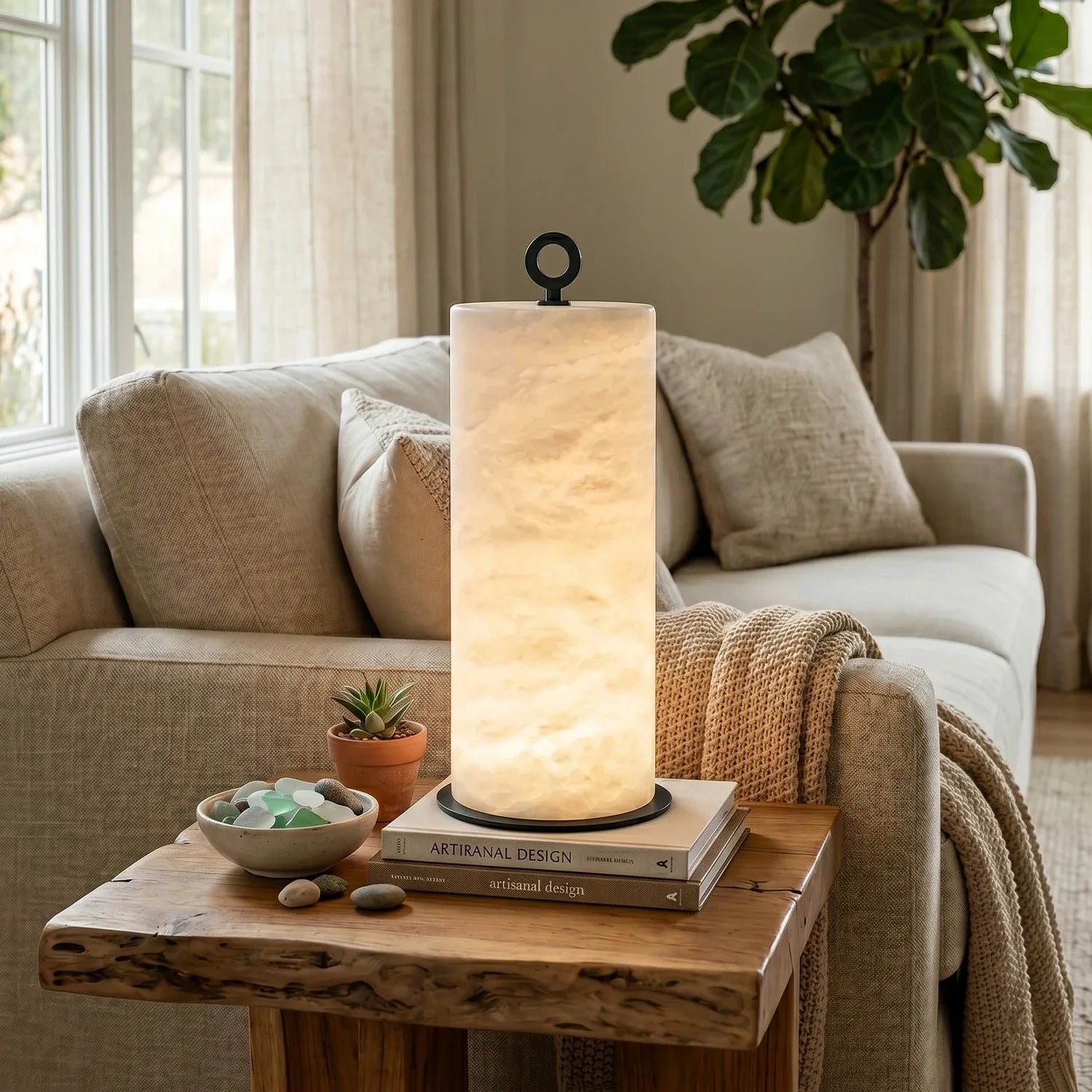 Natural Alabaster Cylinder Table Lamp