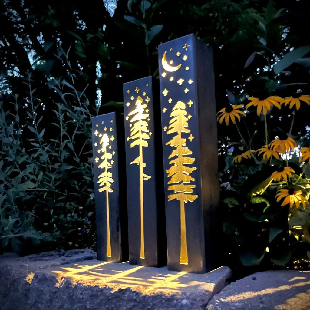 Pine Tree Night Sky Luminary Pillars w/ Solar Cap