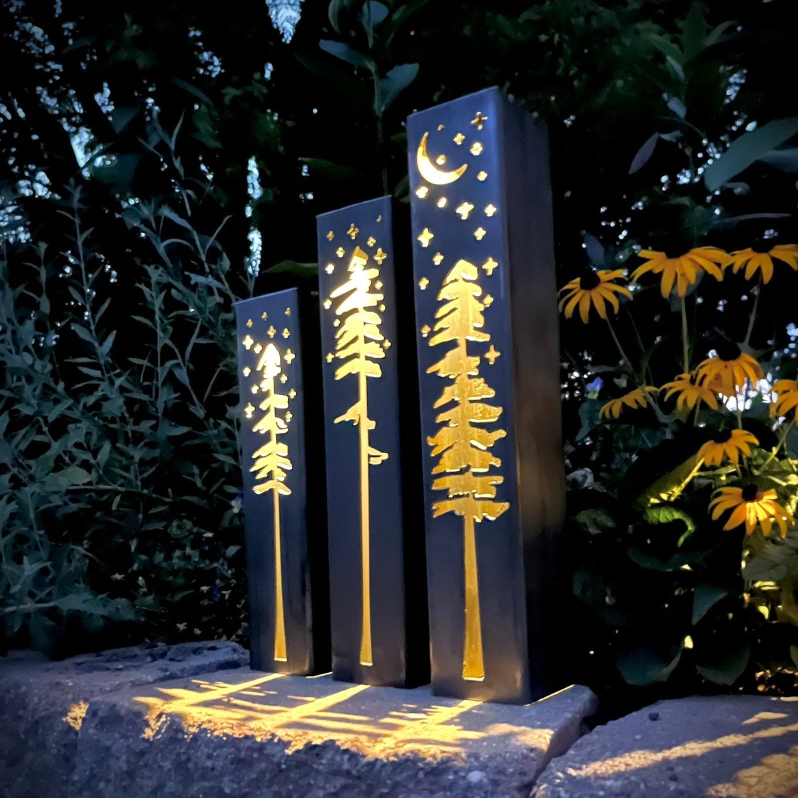 Pine Tree Night Sky Luminary Pillars w/ Solar Cap
