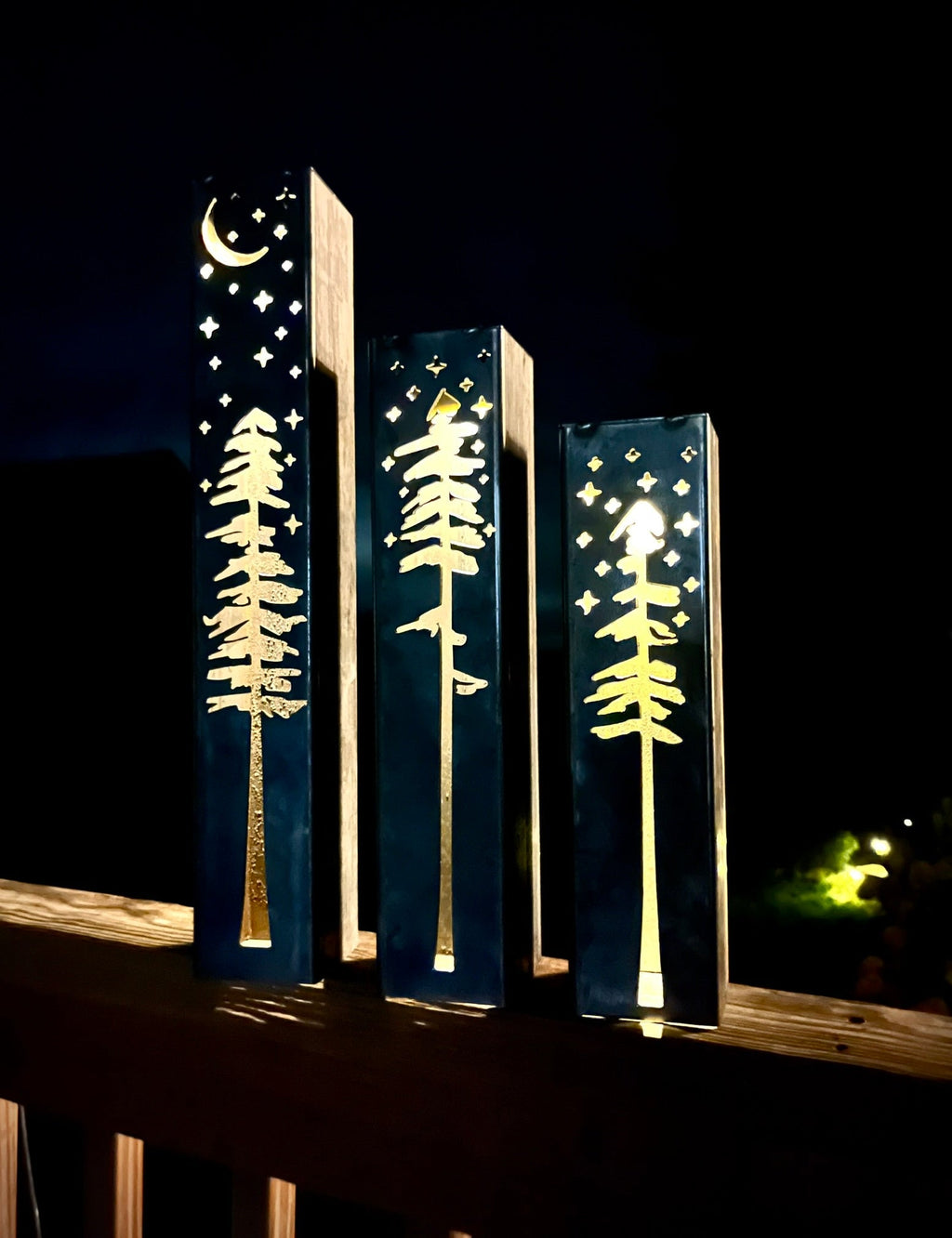 Pine Tree Night Sky Luminary Pillars w/ Solar Cap