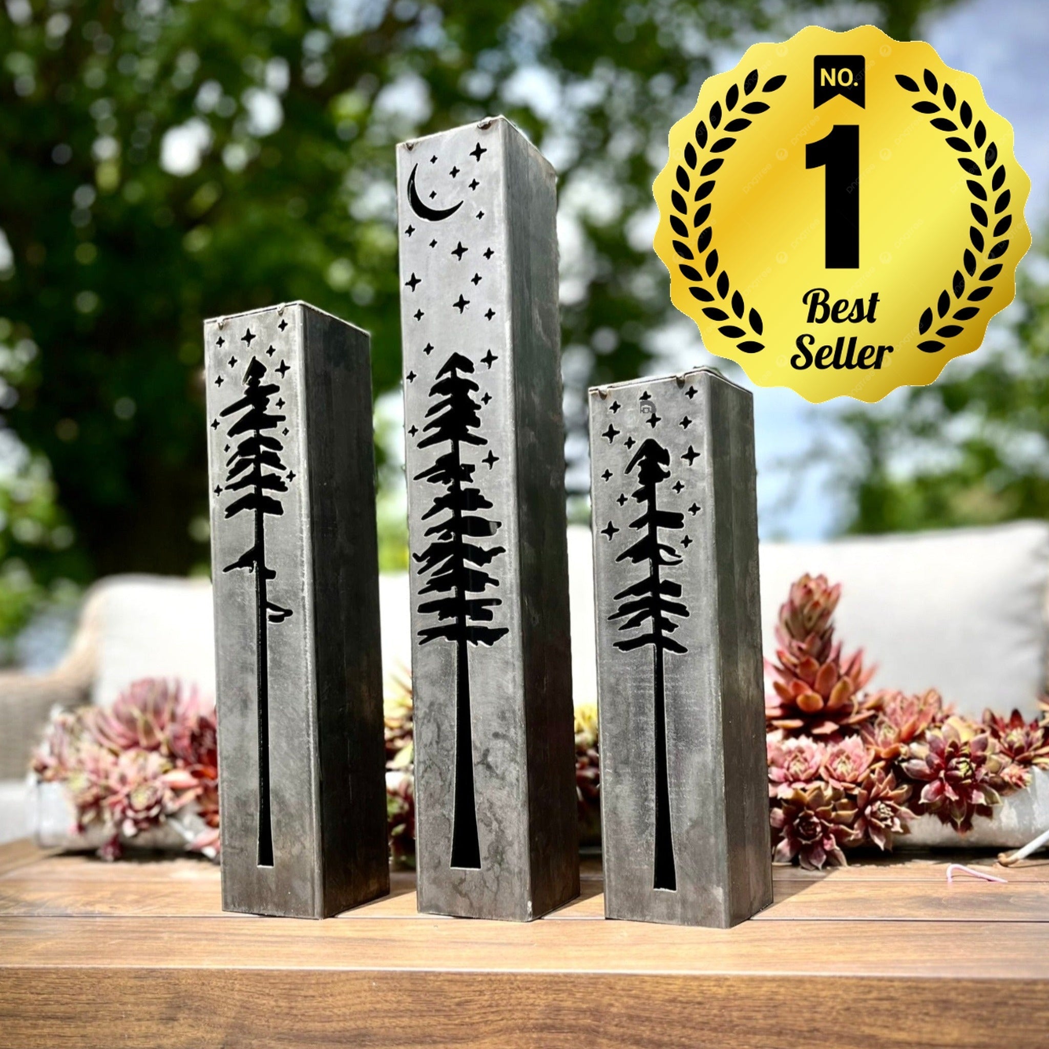 Pine Tree Night Sky Luminary Pillars w/ Solar Cap