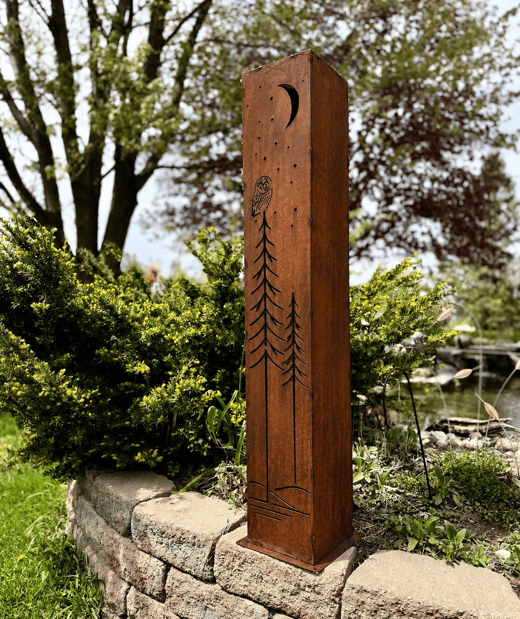 Simple Pine Owl Solar Pillar - Steel - Corten Available